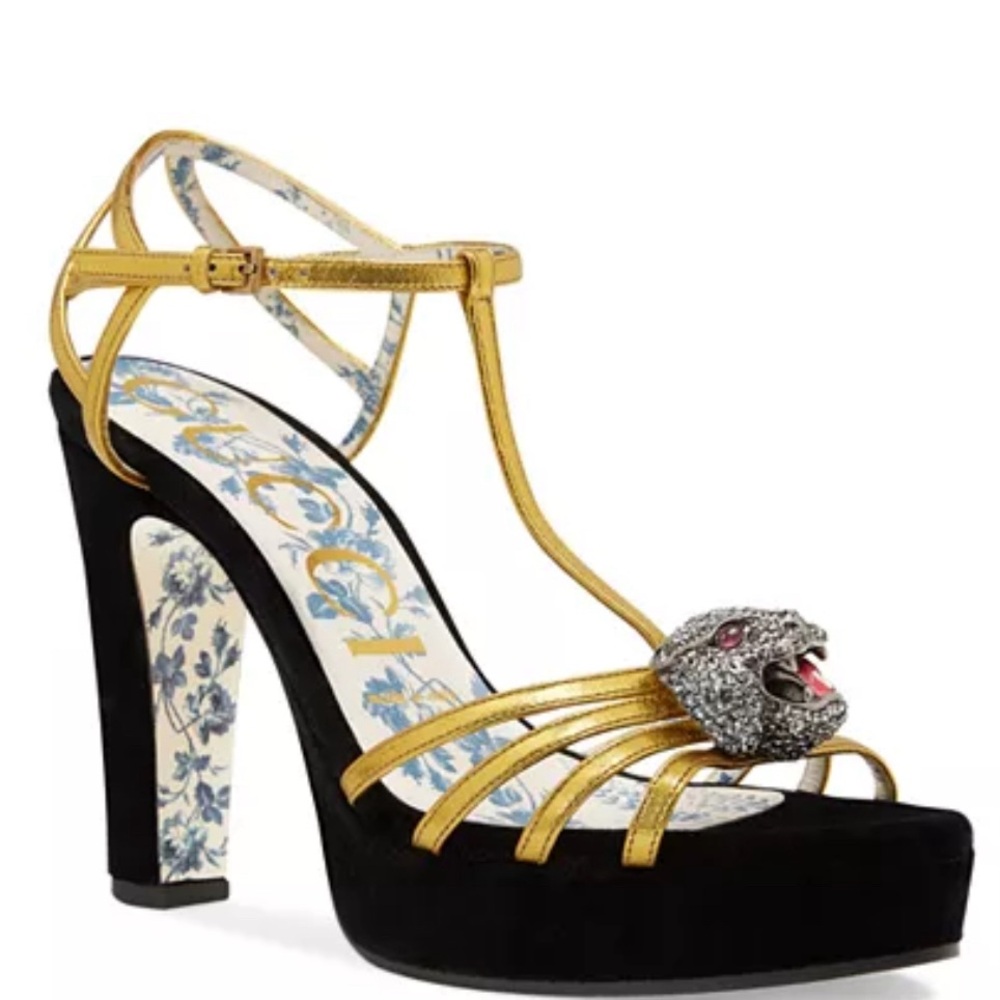 Gucci Crystal Tiger Black Leather & Velvet Sandals